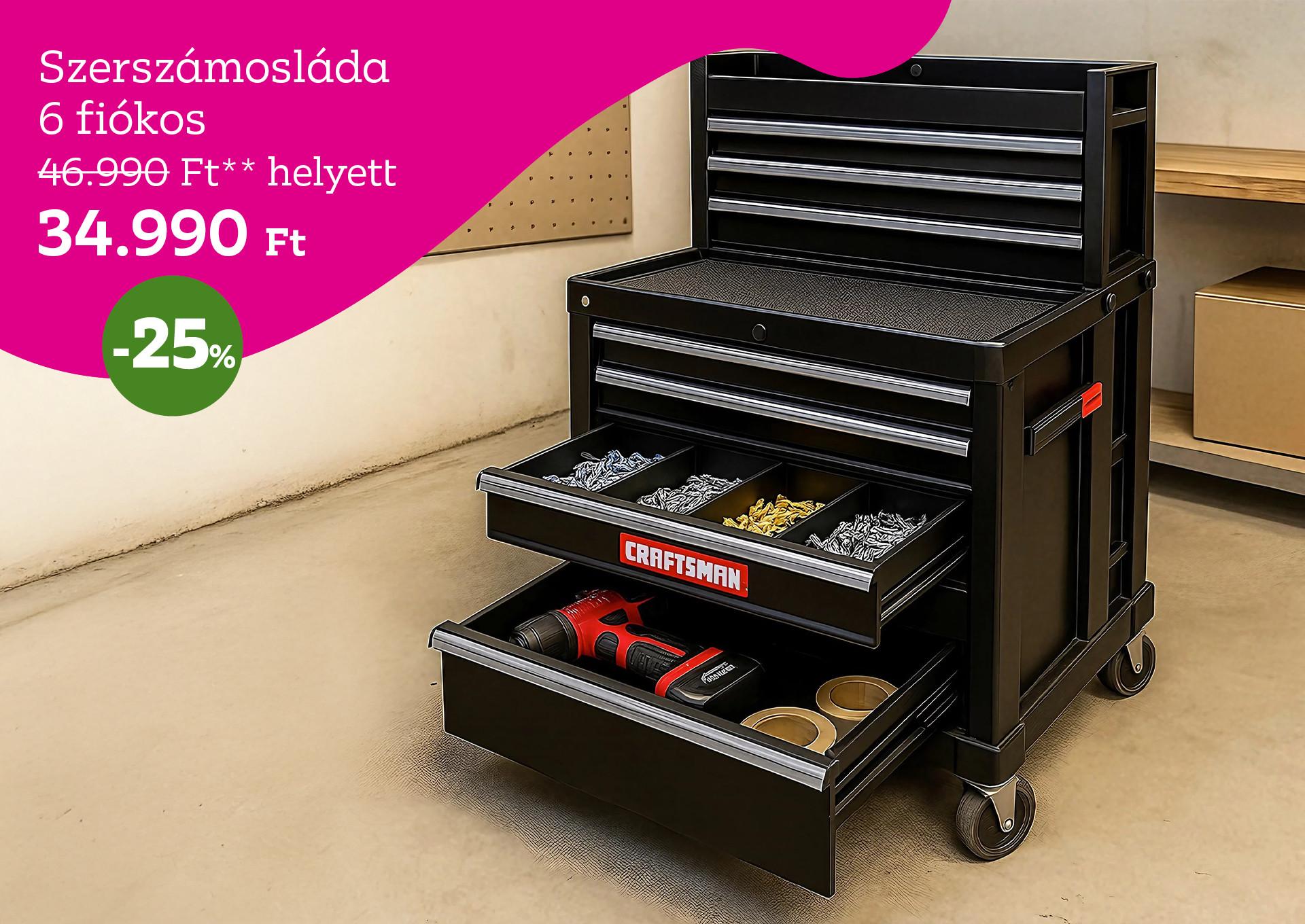 Szerszámosláda 6 fiókos 46990 Forint helyett 34990 Forint, kedvezmény mértéke 25%