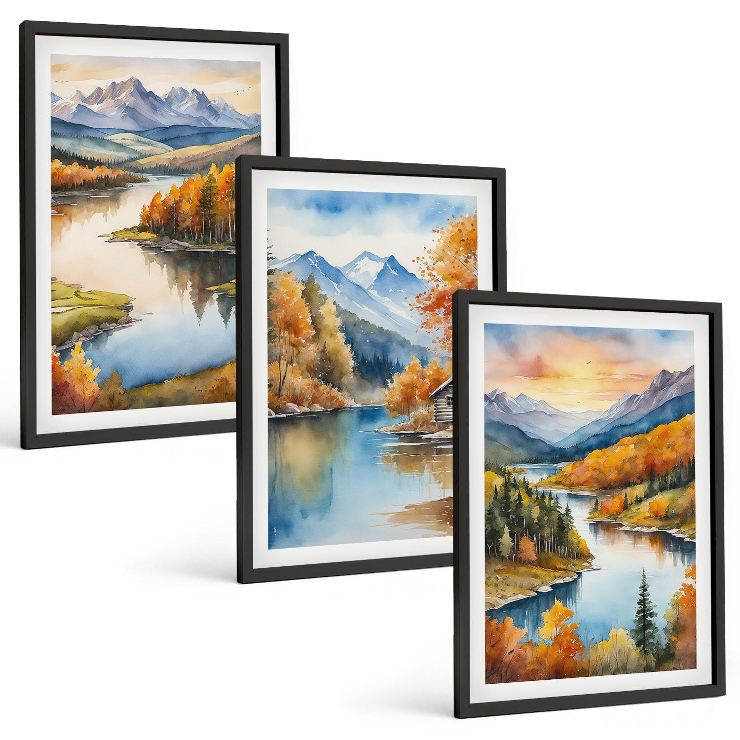 BILDER SET 3er Set - 40x60 cm Schwarzer Rahmen - Herbstliche Berglandschaften - Schwarz, Kunststoff (40/60cm) - TULUP
