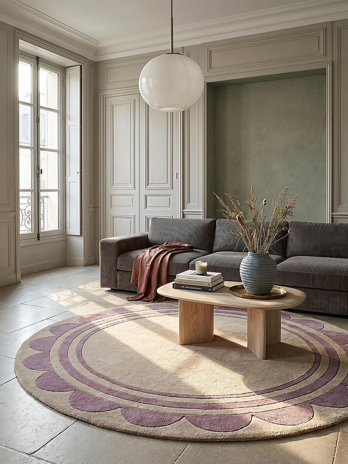 WOLLTEPPICH WENSUM, mit grafischem Muster mit Rahmen, Lila-Beige, Ø 120 cm - Lila, Textil (120/120cm) - KADIMA DESIGN