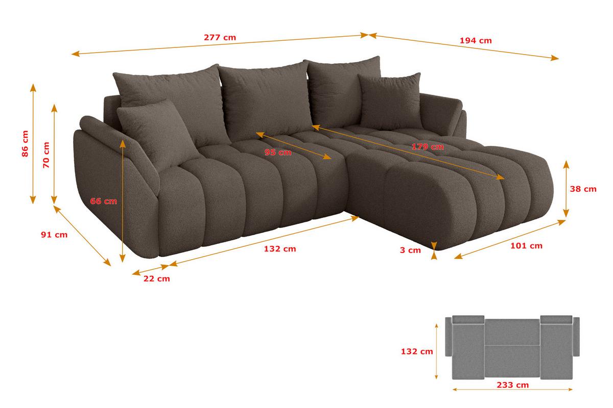 ECKSOFA mit Schlaffunktion Ottomane Rechts TOKO-L-v1 277x194x86 Braun Bouclé - Schwarz/Braun, Holzwerkstoff/Kunststoff (277/194cm) - ALTDECOR