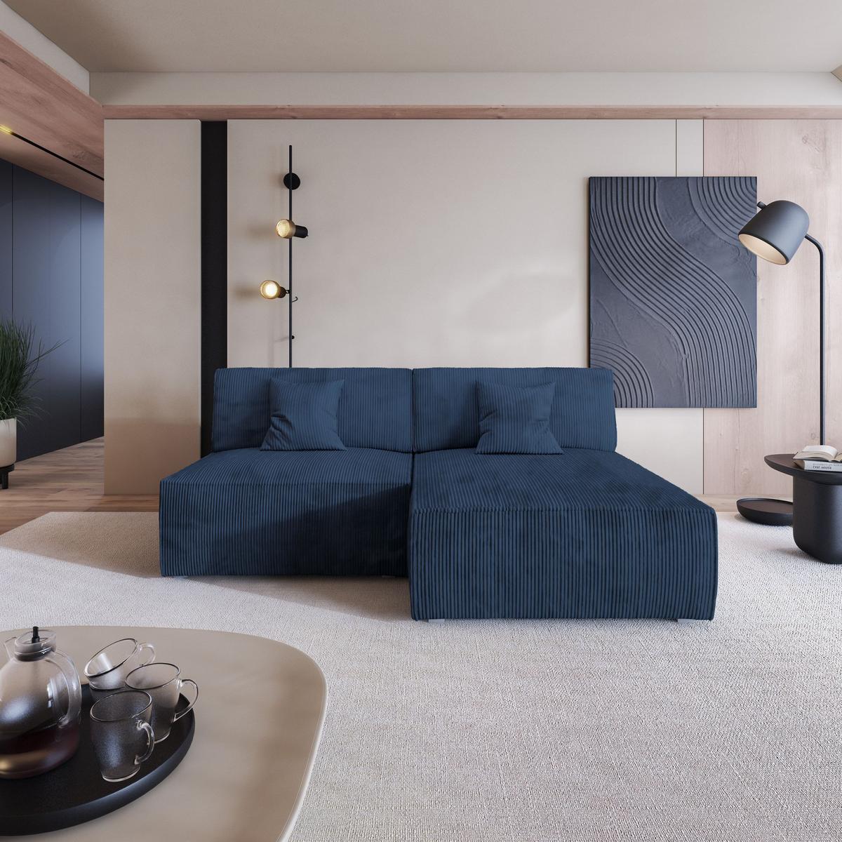 ECKSOFA FIORO P Blau Kordstoff mit Schlaffunktion - Blau/Grau, Holz/Kunststoff (204/148cm) - MASSENO