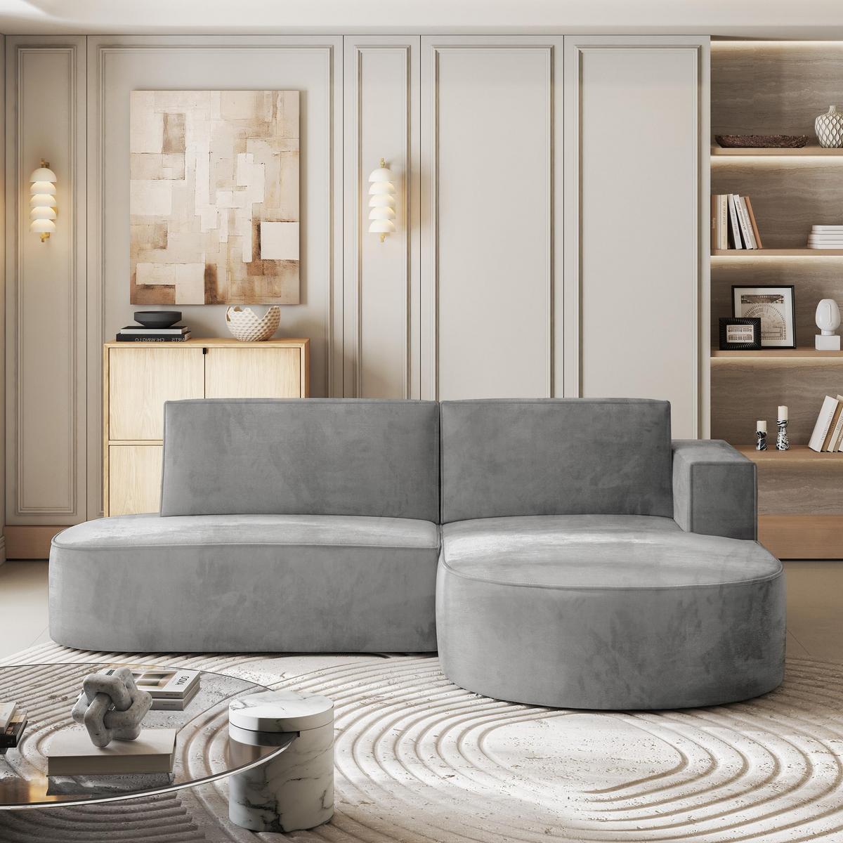 ECKSOFA CORTIO M R-S Grau Velours-Stoff mit Schlaffunktion - Grau, Holz/Kunststoff (265/174cm) - MASSENO