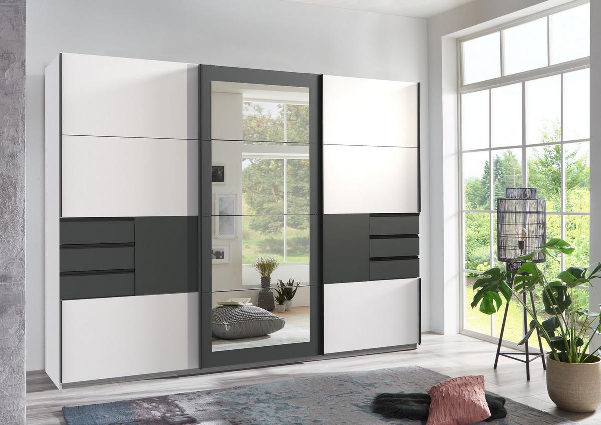 SCHWEBETÜRENSCHRANK 3-türig B270/H208/64 cm in Weiß mit Absetzungen in Grafit, Spiegel & Schubladen, Kleiderschrank inkl. Vollausstattung / 22502 - Blau/Graphitfarben, Holzwerkstoff/Metall (270/208/64cm) - luma-home