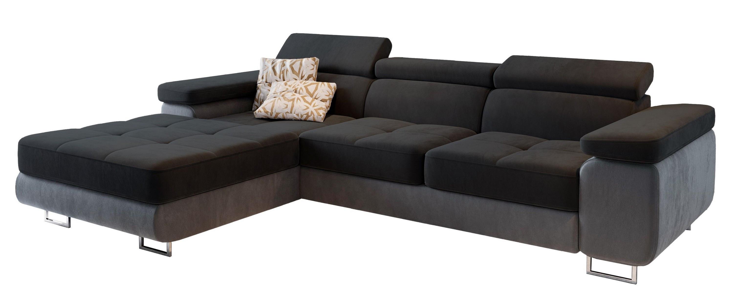 ECKSOFA ELMA L-S Schwarz Velours-Stoff mit Schlaffunktion - Silberfarben/Schwarz, Holz/Textil (280/205cm) - MASSENO