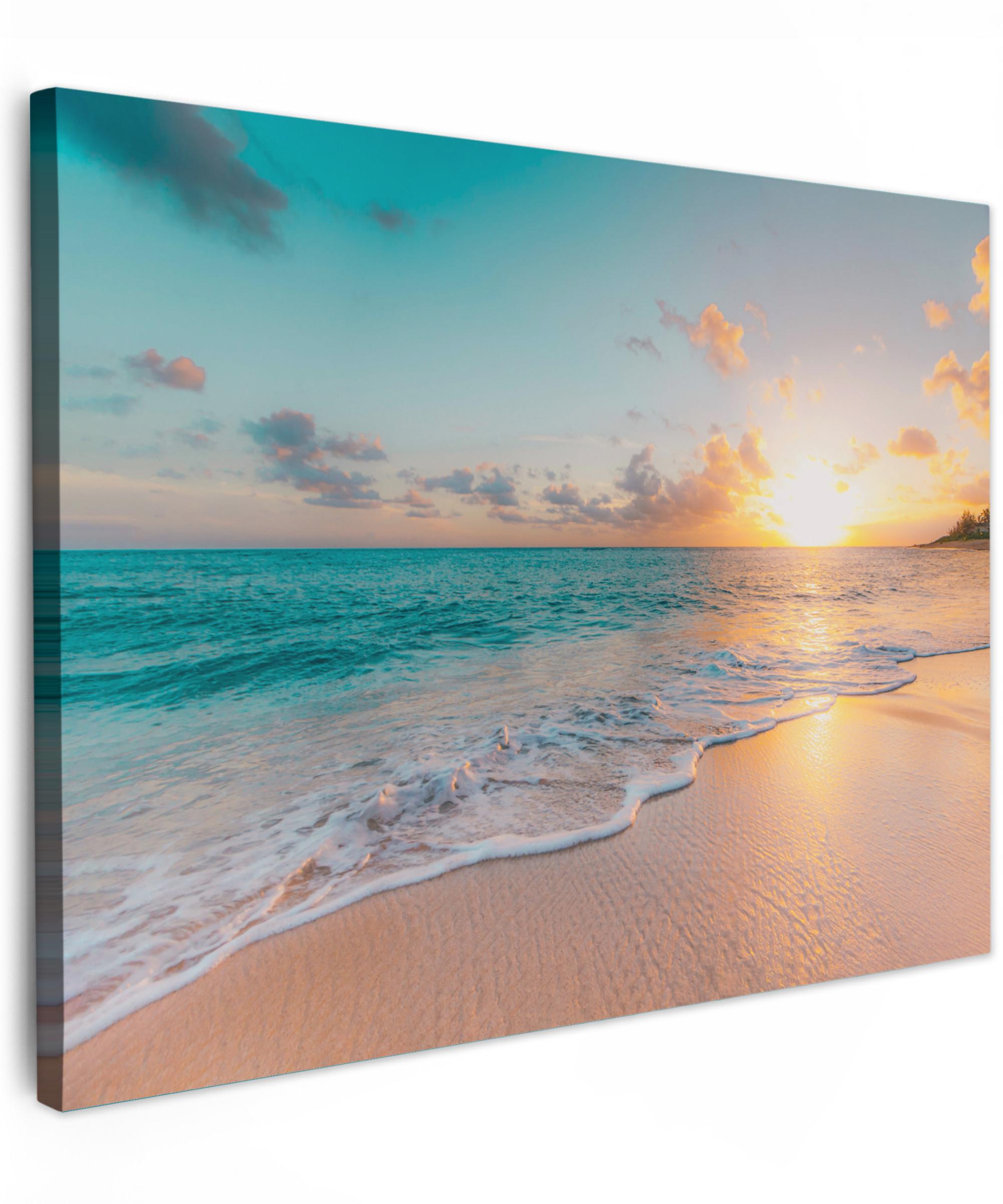 LEINWANDBILD Sonnenuntergang - Strand - Meer - Sommer - Blau Wandbilder 80x60 cm - Multicolor, Textil (80/60cm) - MuchoWow