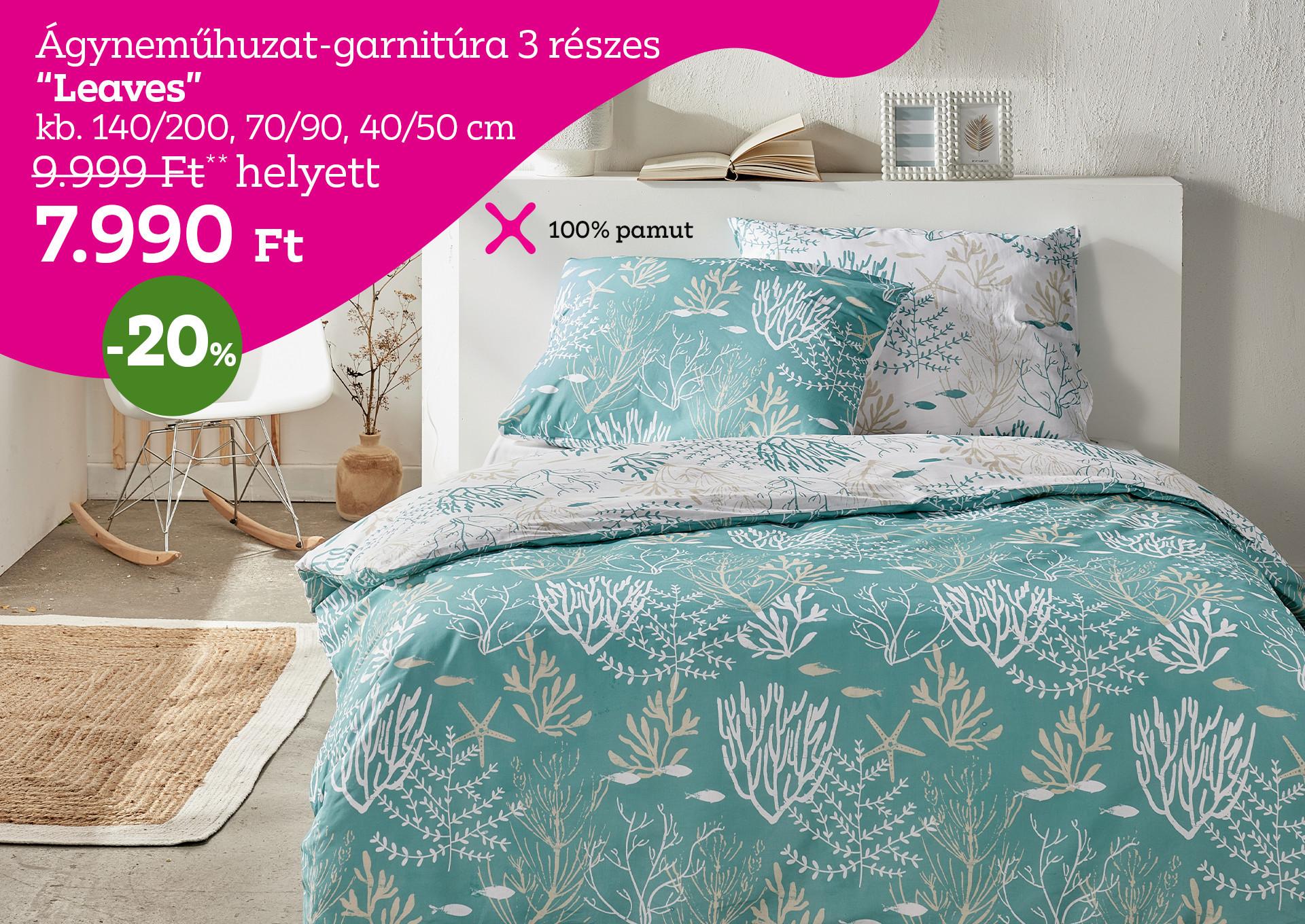 Ágyneműhuzat-garnitúra 3 Részes LEAVES 9999 Forint helyett 7990 Forint, kedvezmény mértéke 20%