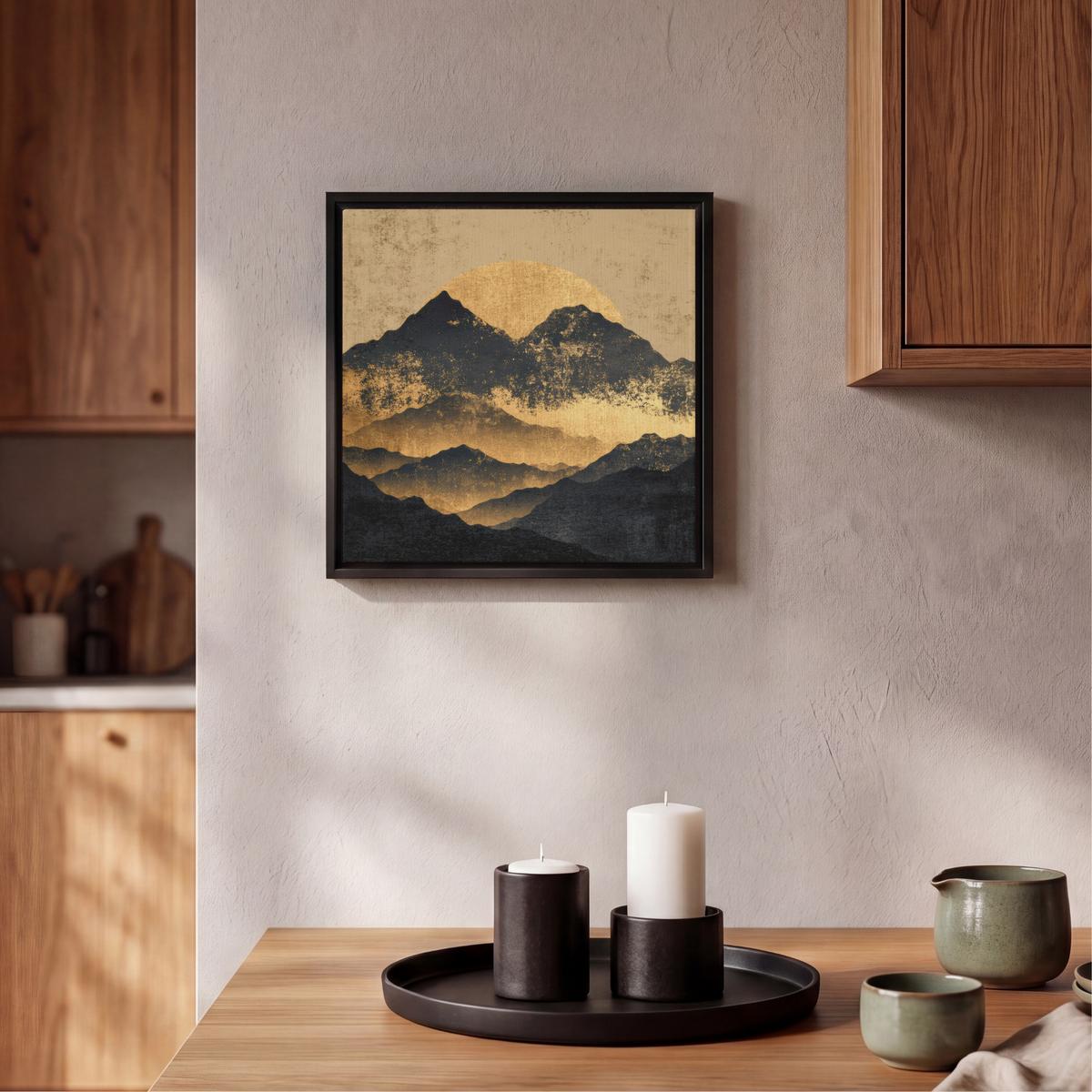 LEINWAND Bilder mit Rahmen - Goldene Berge bei Mondschein - 20x20 - Goldfarben, Textil (20/20cm) - MuchoWow