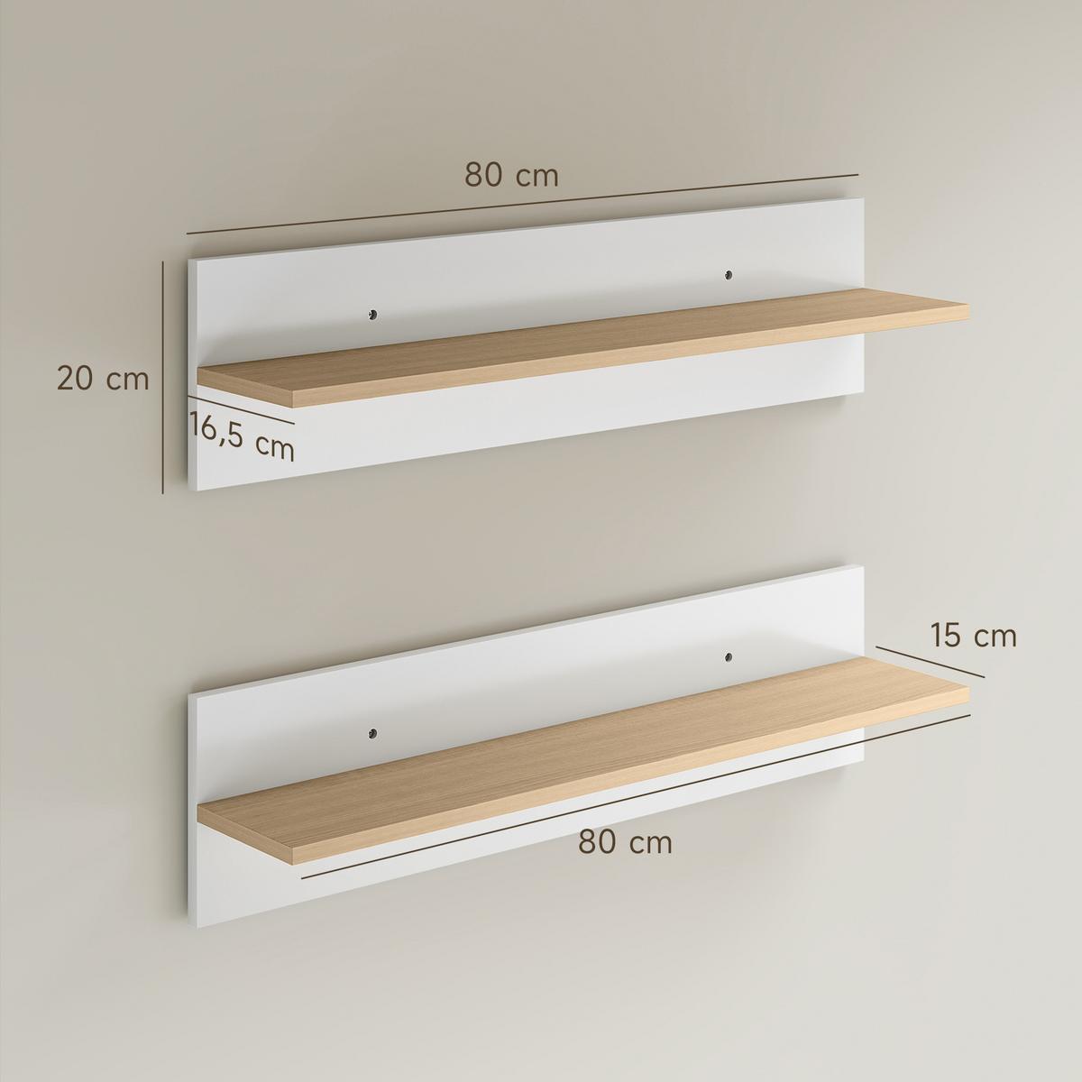 WANDREGAL 2er Set Spanplatte Weiß Naturholz - Weiß, Holzwerkstoff (80/20/16.5cm) - HOMCOM
