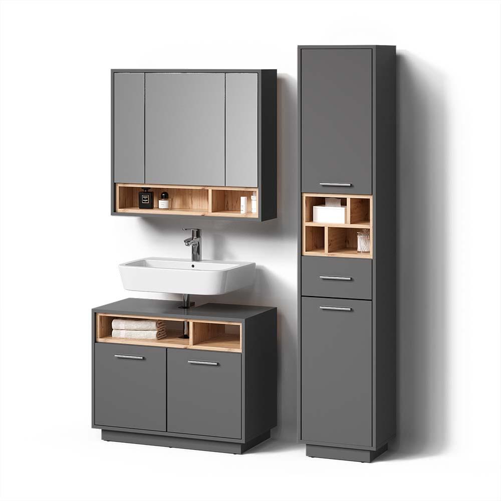 BADMÖBEL-SET Temo Anthrazit 3 Teile, mit Hochschrank - Anthrazit, Holzwerkstoff (80/64/40cm) - Livinity®