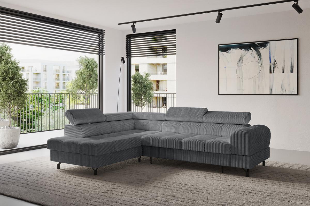 ECKSOFA mit Schlaffunktion Ottomane Links LUMA-L 272x203x70 Dunkelgrau Cord - Graphitfarben/Schwarz, Holzwerkstoff/Kunststoff (272/203cm) - ALTDECOR