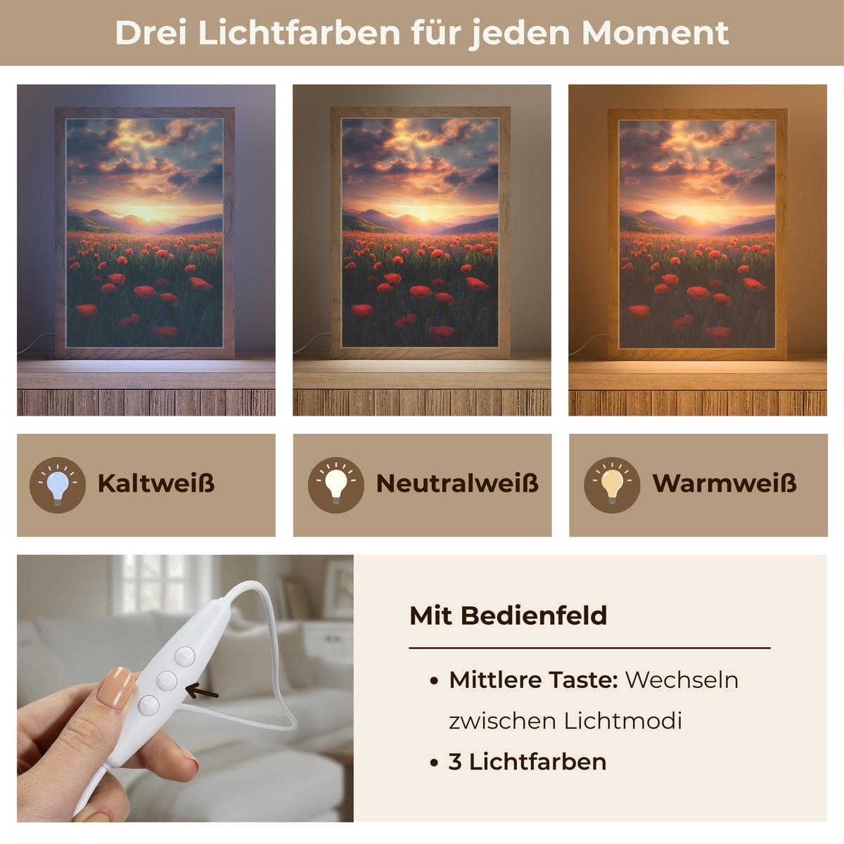 WANDLEUCHTE Landschaft - Sonnenuntergang - Blumenfeld 20x30 cm - Rot, Holzwerkstoff (20/30/8cm) - OnlyWow