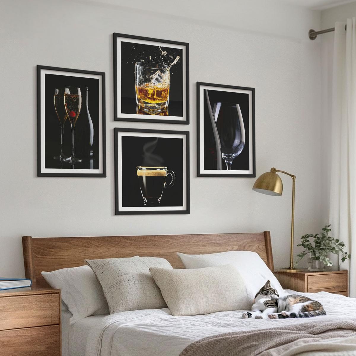 BILDER SET 4er Set - 50x50 cm & 40x60 cm Schwarzer Rahmen - Whisky, Wein, Champagner, Kaffee, Alkohol - Schwarz, Kunststoff (50/50cm) - TULUP