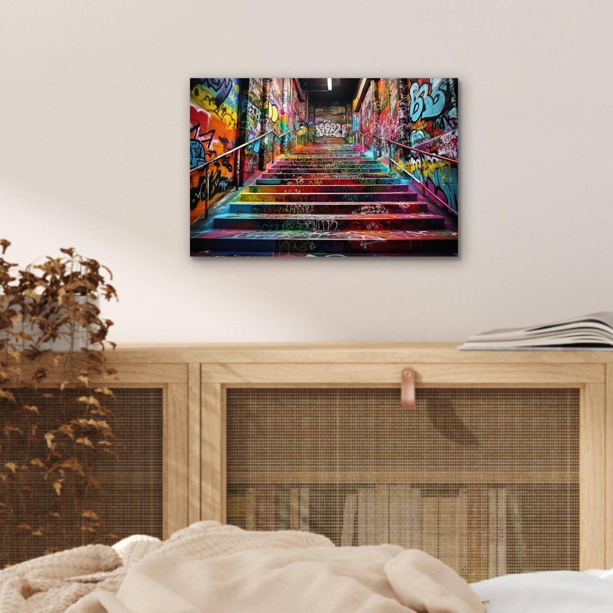 METALLBILD Treppe - Graffiti - Farben - Kunst 30x20 cm - Multicolor, Metall (30/20cm) - MuchoWow