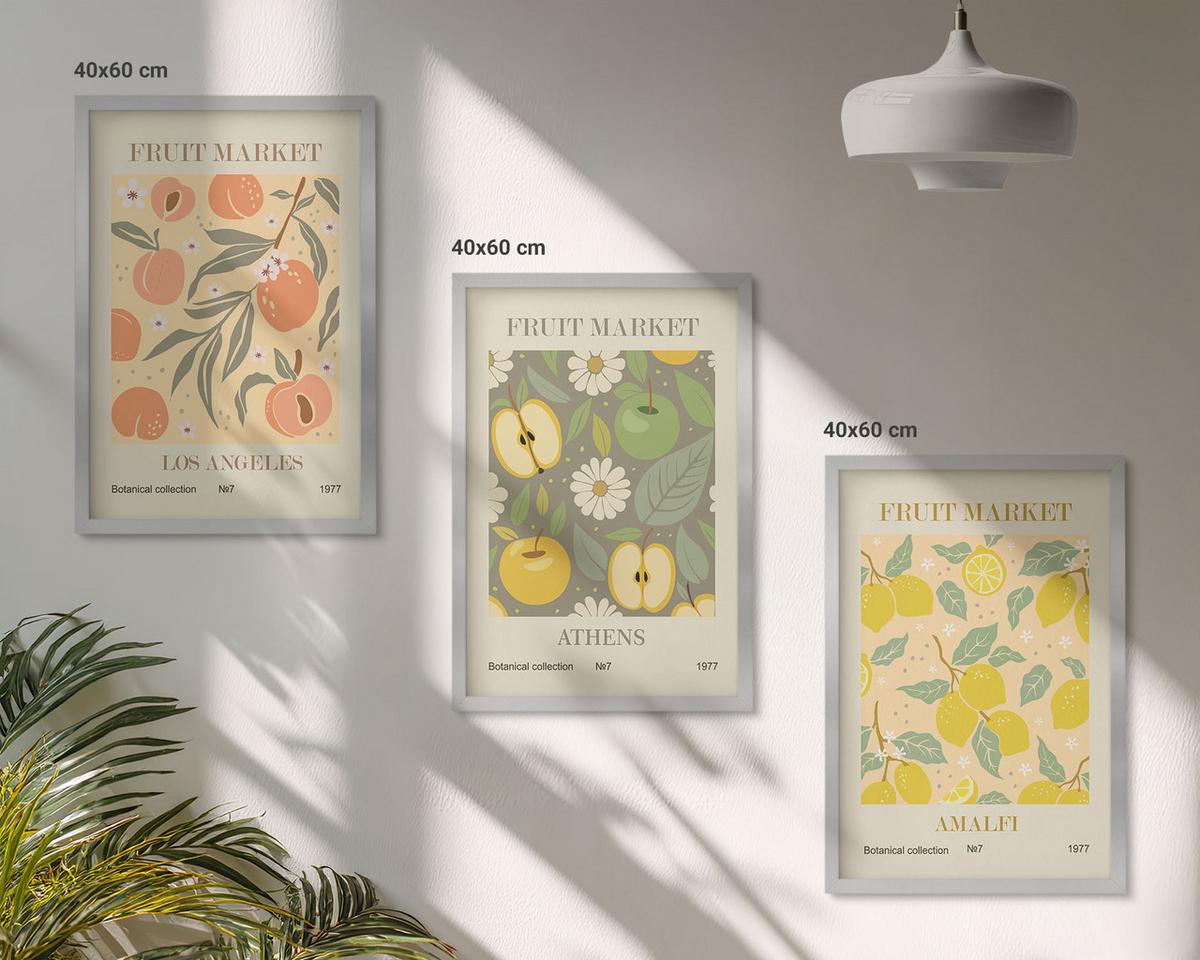 BILDER SET 3er Set - 40x60 cm Silberner Rahmen - Retro-Poster mit Fruchtmustern - Silberfarben, Kunststoff (40/60cm) - TULUP