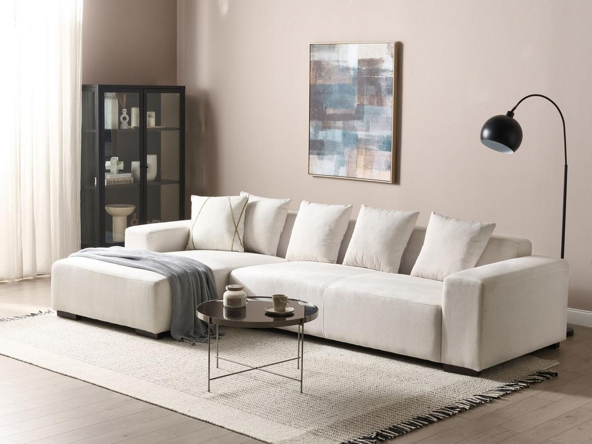 ECKSOFA 4-Sitzer Cord Cremeweiß rechtsseitig Lungo - Creme/Weiß, Textil (285/160cm) - Beliani