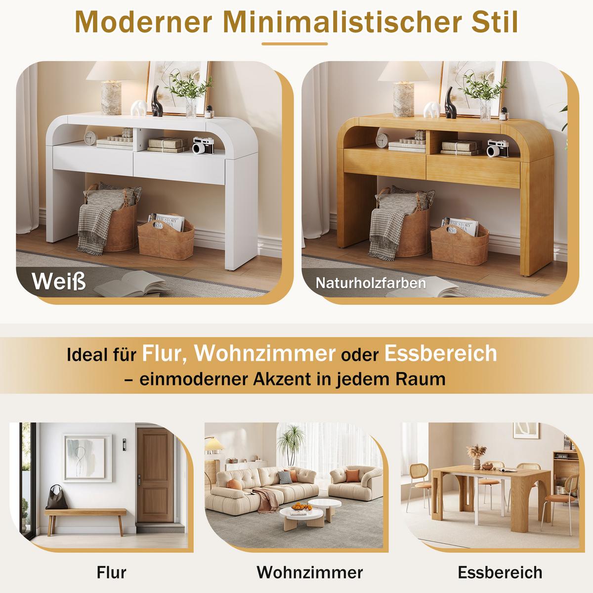 KONSOLENTISCH weiß mit 2 schubladen & abgerundeten kanten - Weiß, Holzwerkstoff (35.5/120/76.5cm) - Urban Meuble