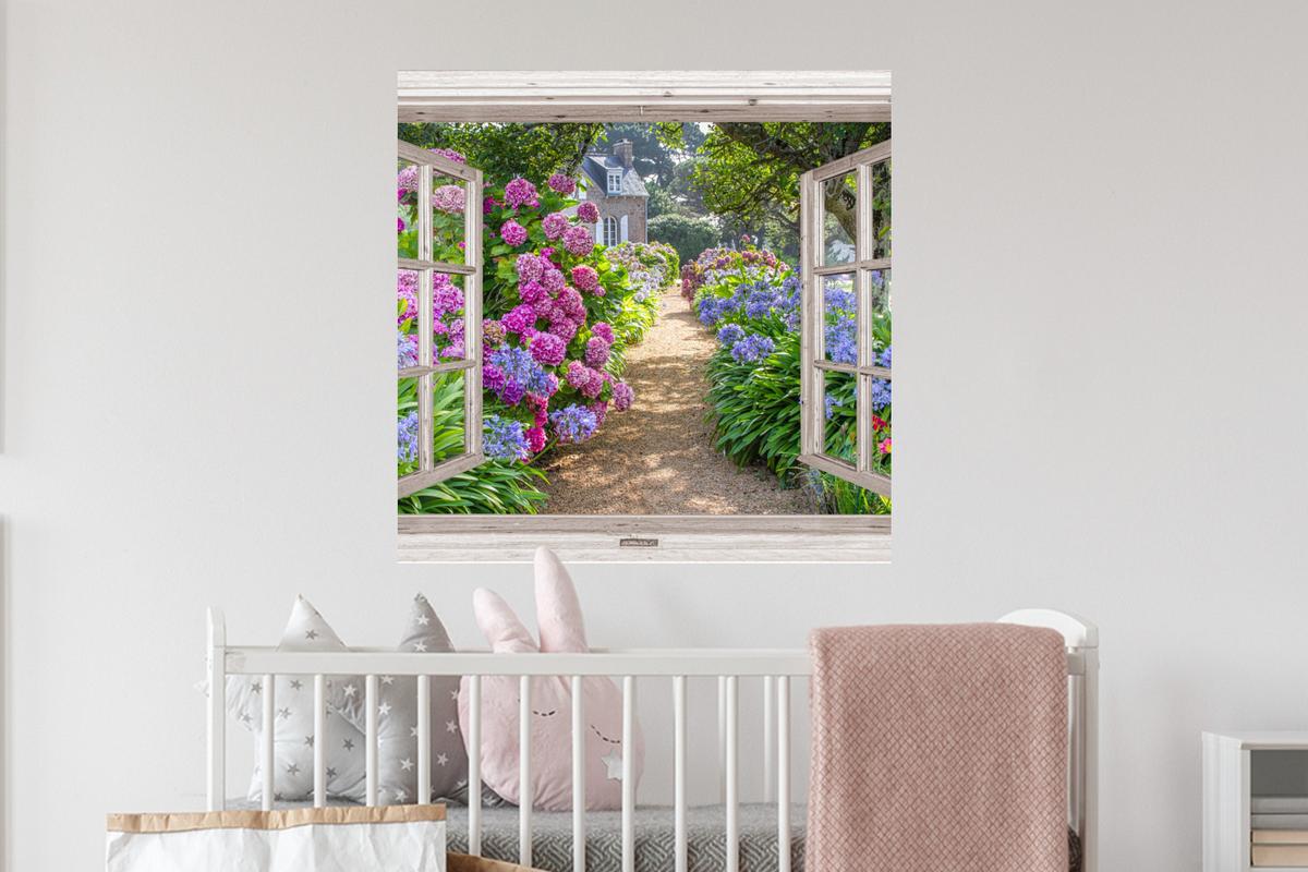 WANDTATTOO Hortensie - Durchsichtig - Blumen - Sommer - Lila - Weg Wanddeko 50x50 cm - Lila, Kunststoff (50/50/0.1cm) - MuchoWow