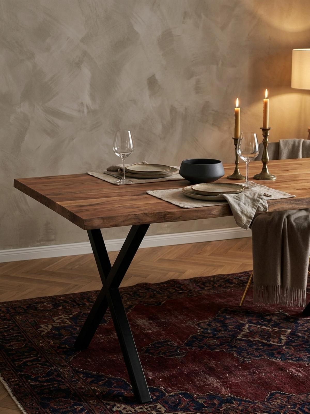 ESSTISCH Massivholz Metall X-Gestell Baumkante Industrial KRETA, Goldbraun-Schwarz 180x90x76 cm - Schwarz/Braun, Holz/Metall (90/180/76cm) - KADIMA DESIGN