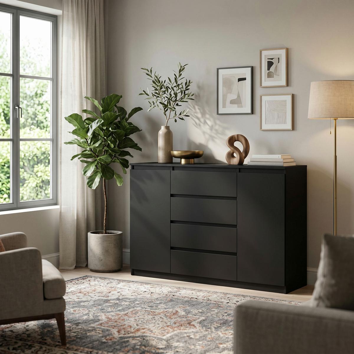 KOMMODE NUDO 138,5/101,5/39cm mit 4 Schubladen 2 Türen Schwarz - Schwarz, Holzwerkstoff (138.5/101.5/39cm) - MASSENO