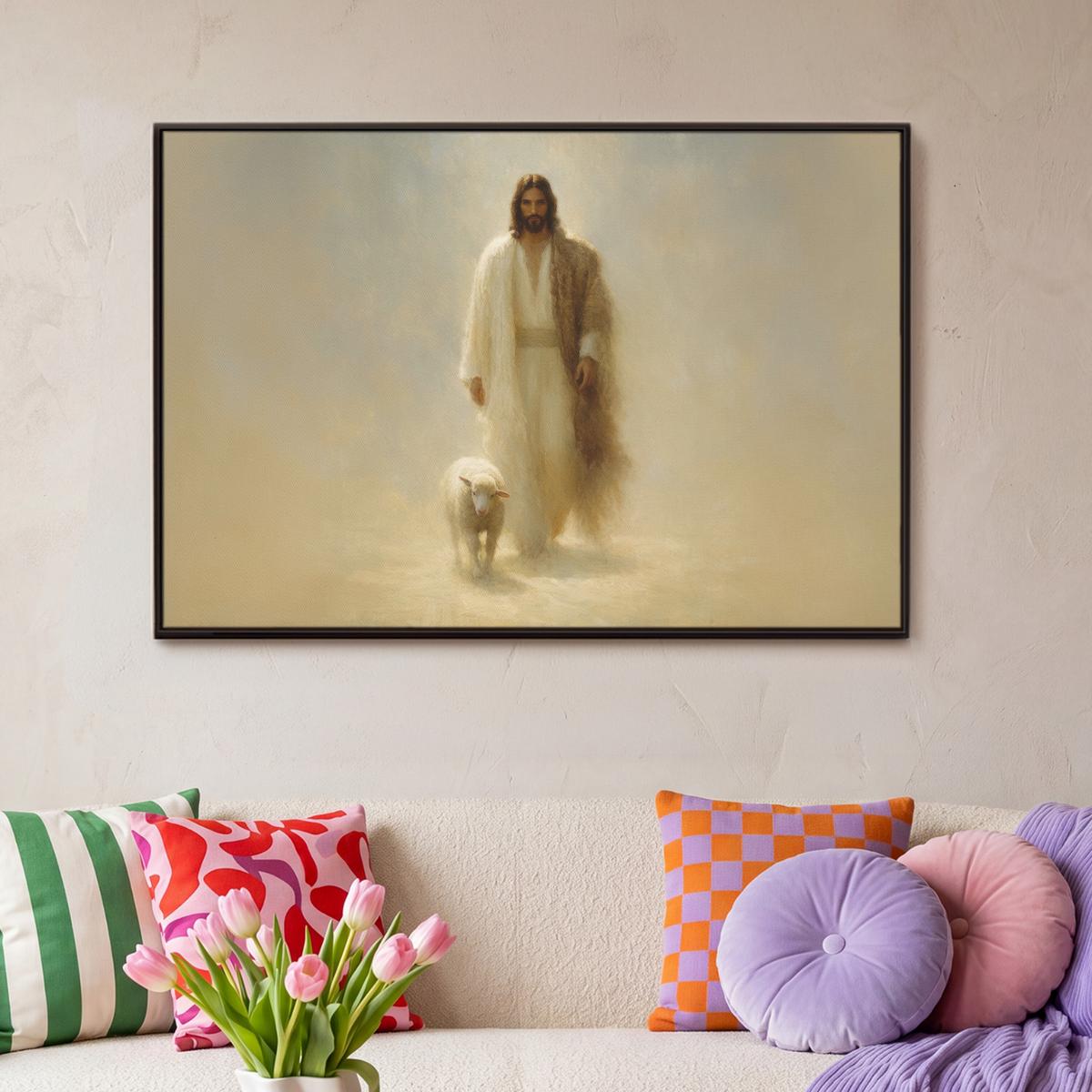 LEINWAND Bilder mit Rahmen - Schaf - Jesus - Pinselstriche - Abstrakt - 90x60 - Beige, Textil (90/60cm) - MuchoWow
