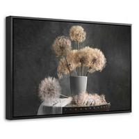 LEINWAND Bilder mit Rahmen - Blumensamen - Löwenzahn - Vase - Stilleben - Blumenstrauß - 30x20 - Dunkelgrau, Textil (30/20cm) - MuchoWow