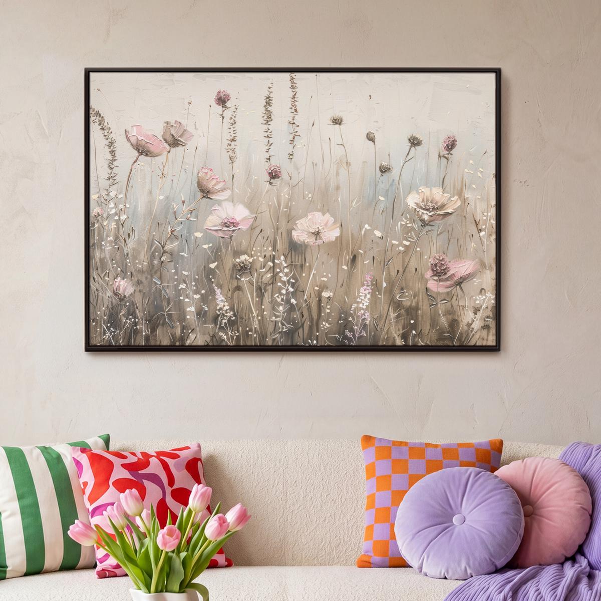 LEINWAND Bilder mit Rahmen - Blumen - Rosa - Modern - Beige - 90x60 - Beige, Textil (90/60cm) - MuchoWow