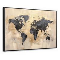 LEINWAND Bilder mit Rahmen - Weltkarte - Gold - Schwarz - Abstrakt - 120x80 - Kupferfarben, Textil (120/80cm) - MuchoWow