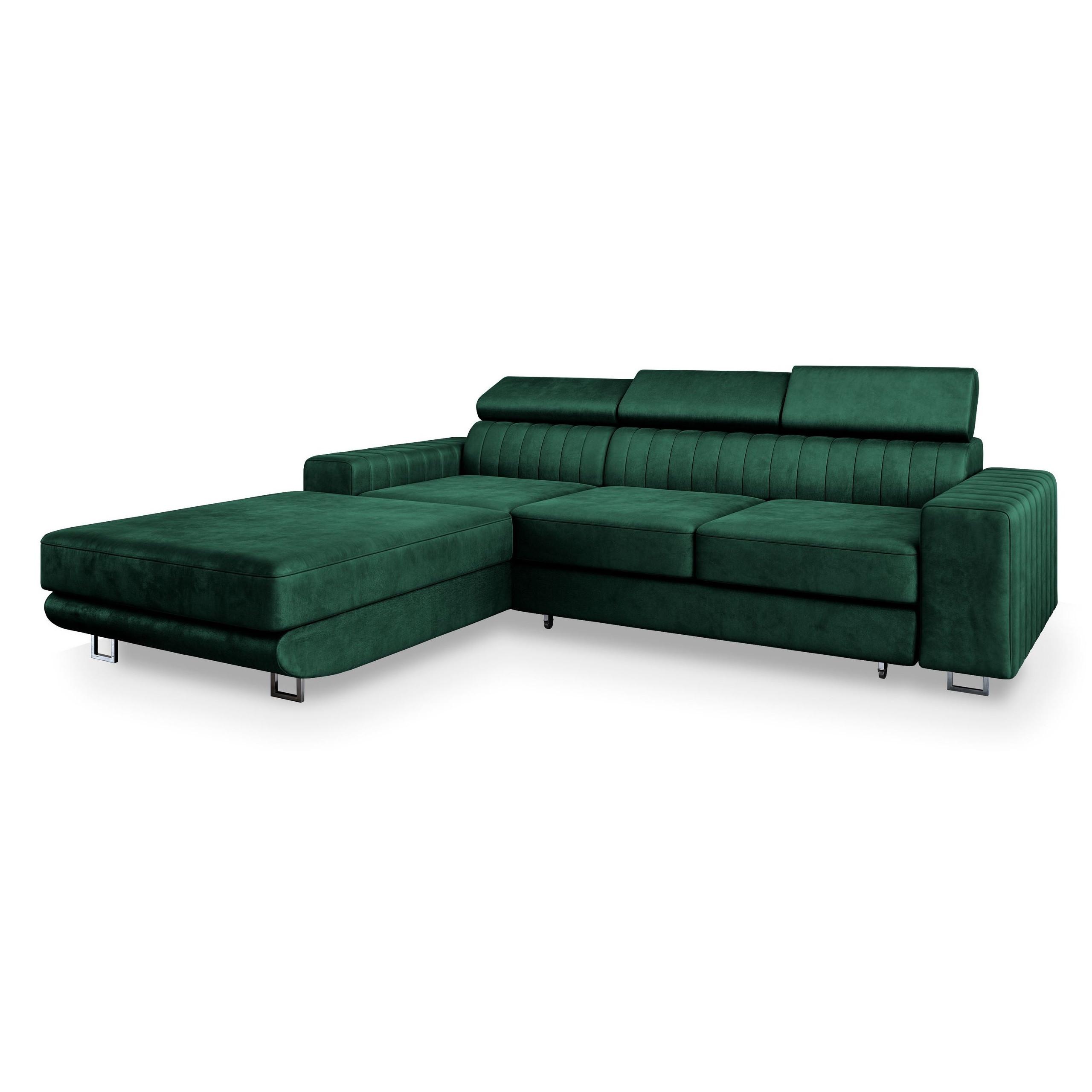 ECKSOFA NOTO L-S Grün Velours-Stoff mit Schlaffunktion - Silberfarben/Grün, Holz/Textil (267/190cm) - MASSENO