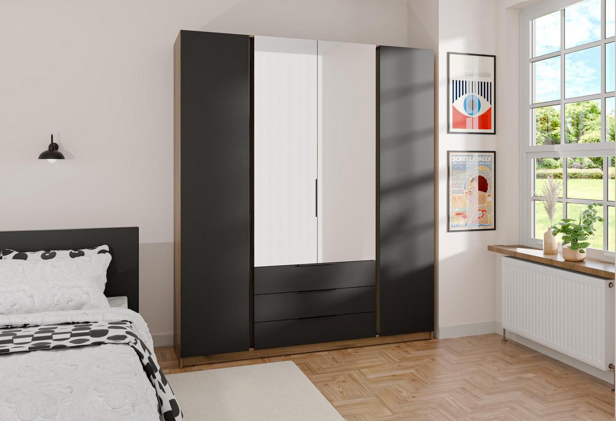 KLEIDERSCHRANK Nehir Eiche Evoke/Schwarz 200 cm - 4T3S Modern mit Schubladen und 2 Spiegeln mittig - Eichefarben/Schwarz, Holzwerkstoff/Kunststoff (200/239/61.9cm) - AX Living
