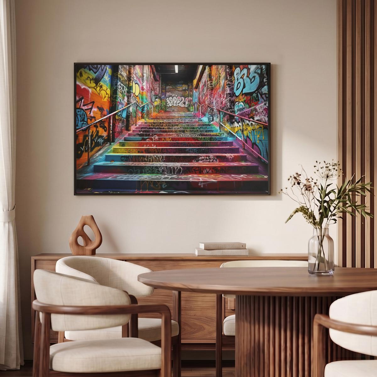 LEINWAND Bilder mit Rahmen - Treppe - Graffiti - Farben - Kunst - 90x60 - Multicolor, Textil (90/60cm) - MuchoWow