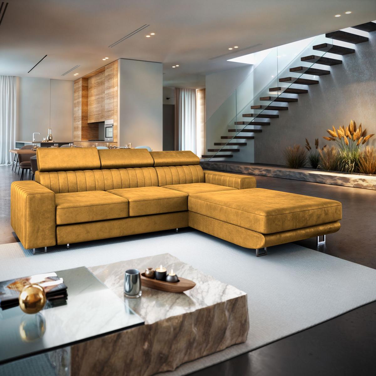 ECKSOFA NOTO R-S Gelb Velours-Stoff mit Schlaffunktion - Gelb/Silberfarben, Holz/Textil (267/190cm) - MASSENO