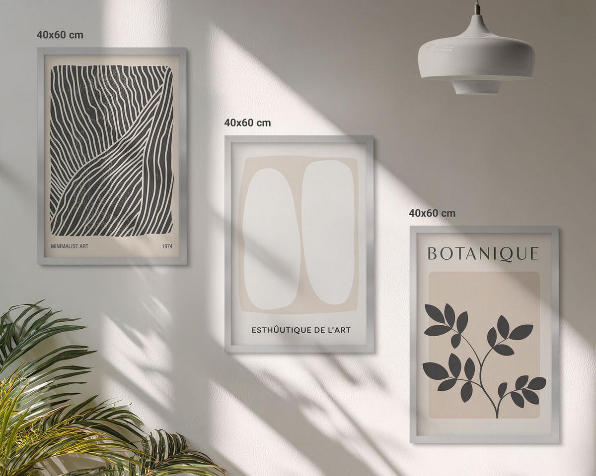 BILDER SET 3er Set - 40x60 cm Silberner Rahmen - Pflanzenmuster und Linien - Silberfarben, Kunststoff (40/60cm) - TULUP