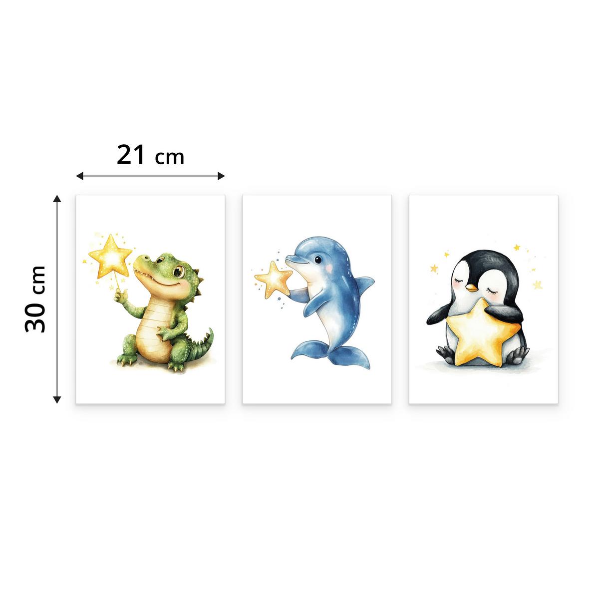 POSTER SET für Kinderzimmer TIERE Sterne Krokodil Delfin Pinguin A4 21x30cm - Gelb/Schwarz, Papier (21/30/1cm) - Muralo