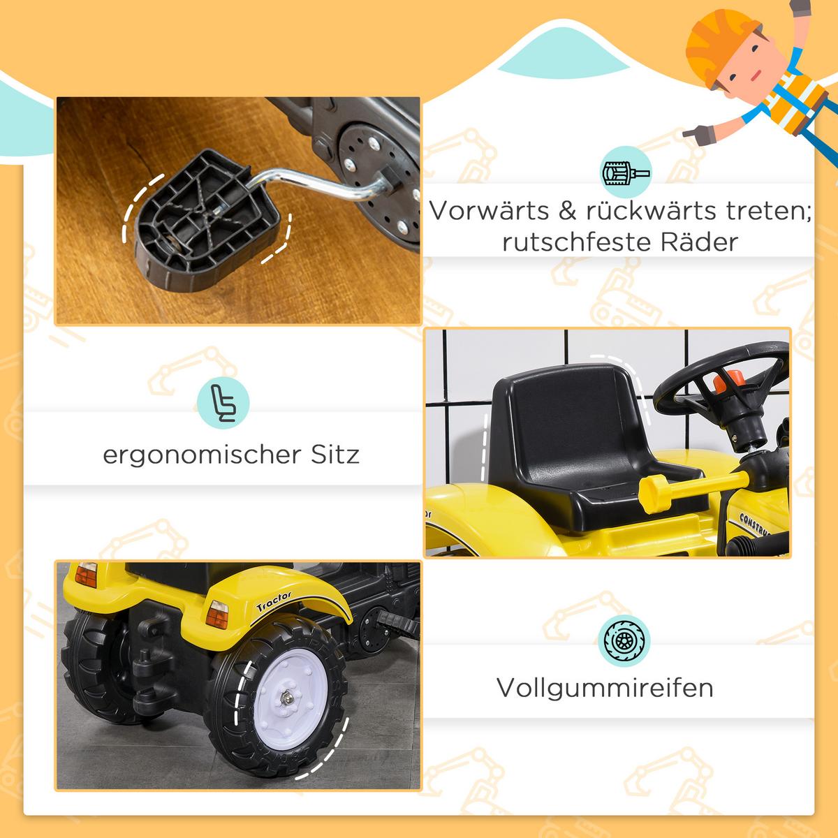 KINDER-RADLADER Kinderbagger Tretauto für 3-jährige Kinder mit Pedalen Gelb - Schwarz, Metall (114/41/52cm) - HOMCOM