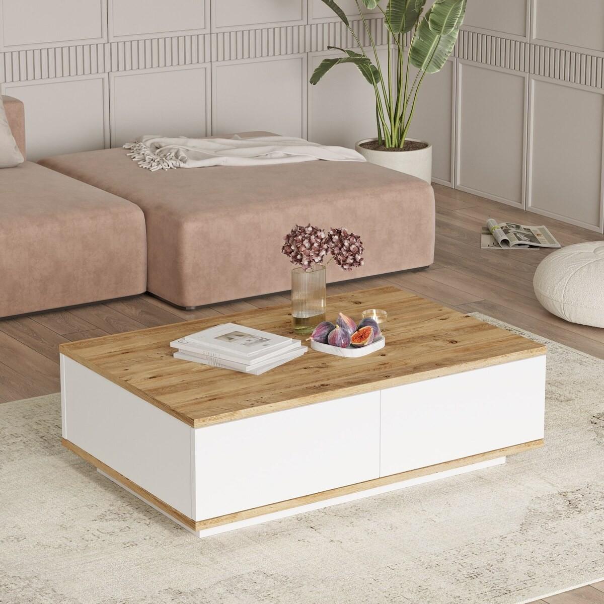 COUCHTISCH - 90 cm x 60 cm - Holz, Platte - Naturfarben Hell, Weiß - LOTULA - Naturfarben/Weiß, Holz (60/90/28.6cm) - Vente-Unique