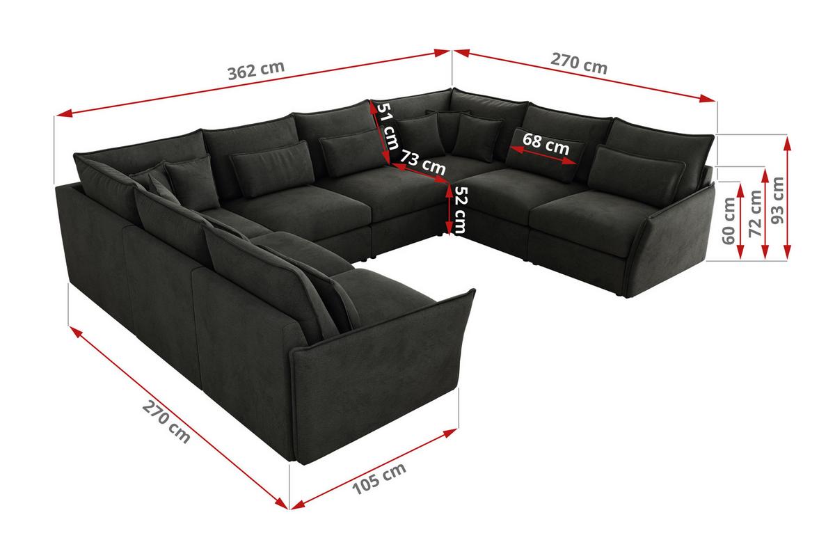WOHNLANDSCHAFT VERSO U 8M Dunkelgrau Velvet - Dunkelgrau/Schwarz, Kunststoff/Textil (362/93/270cm) - MKS
