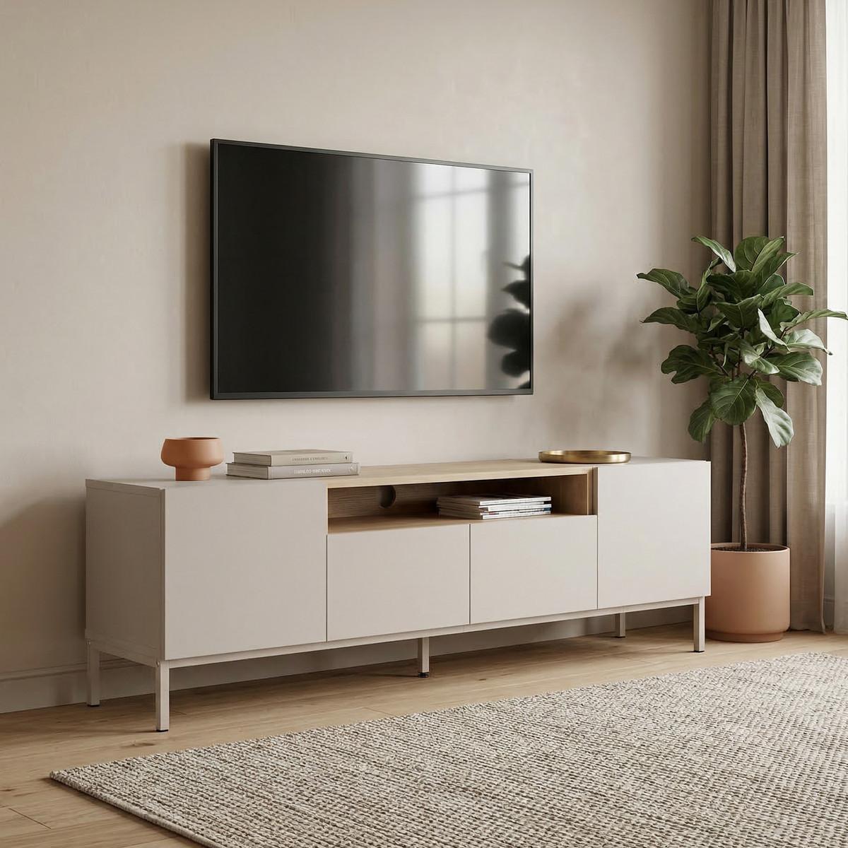 TV-MÖBEL 4 Türen, 1 Fach, Kaschmir und Holzdekor 35/50/160 cm - Beige, Holzwerkstoff (35/50/36.5cm) - Calicosy