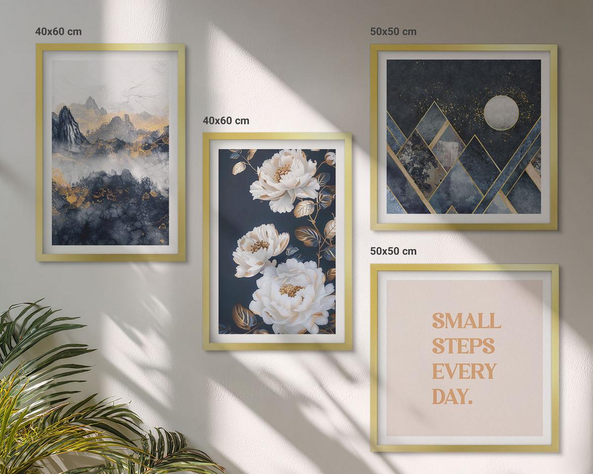 BILDER SET 4er Set - 50x50 cm & 40x60 cm Goldrahmen - Abstrakte Berge und Blumen Inspiration - Goldfarben, Kunststoff (50/50cm) - TULUP