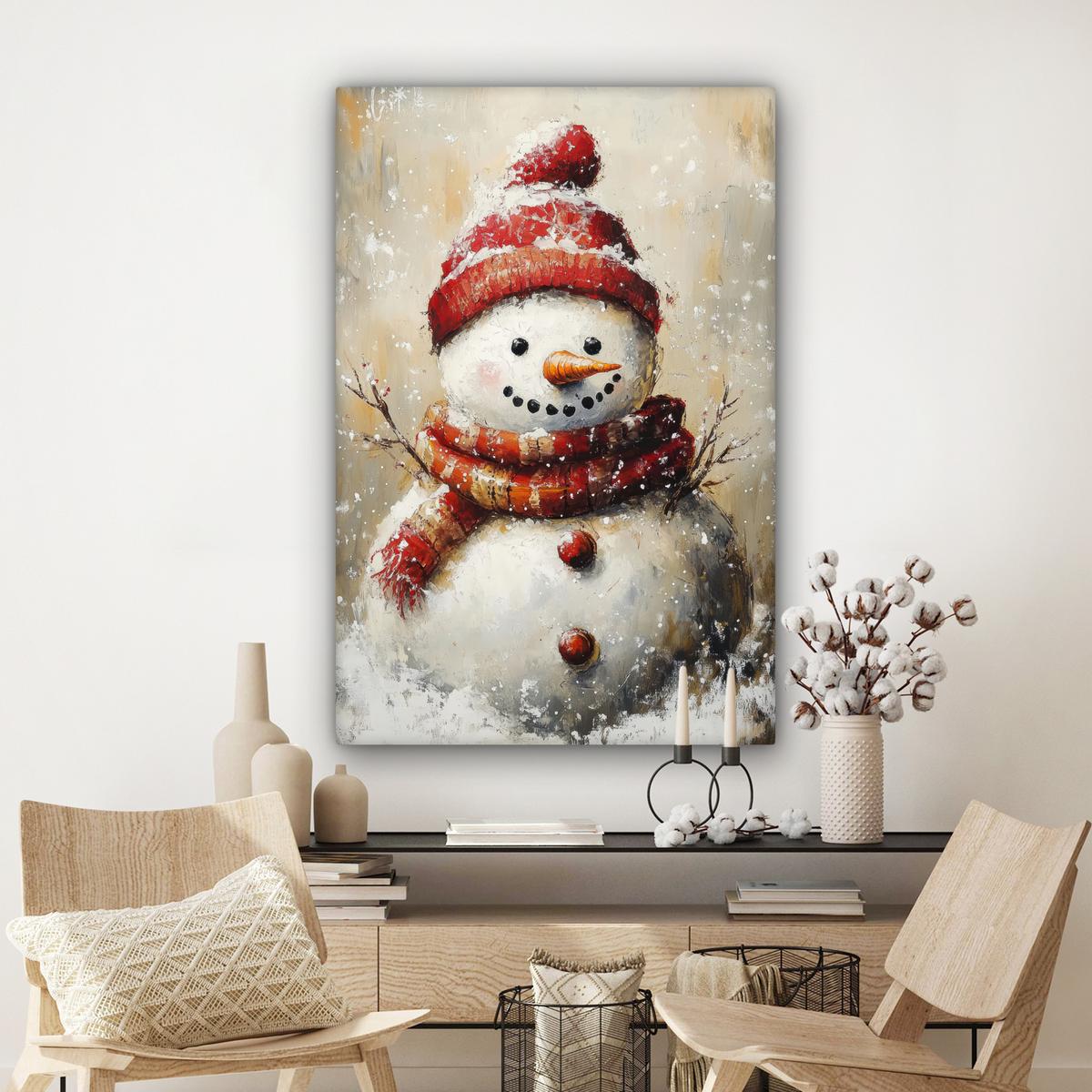 LEINWANDBILD Schneemann - Winter - Schnee - Beige Deko XXL 80x120 cm - Weiß, Textil (80/120cm) - MuchoWow