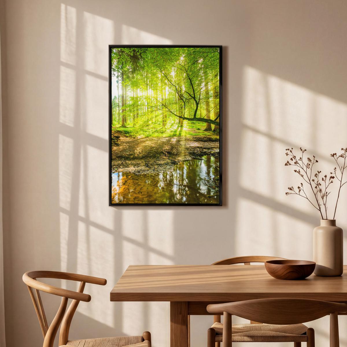 LEINWAND Bilder mit Rahmen - Wald - Landschaft - Wasser - Bäume - Sonne - Grün - Natur - 60x90 - Grün, Textil (60/90cm) - MuchoWow