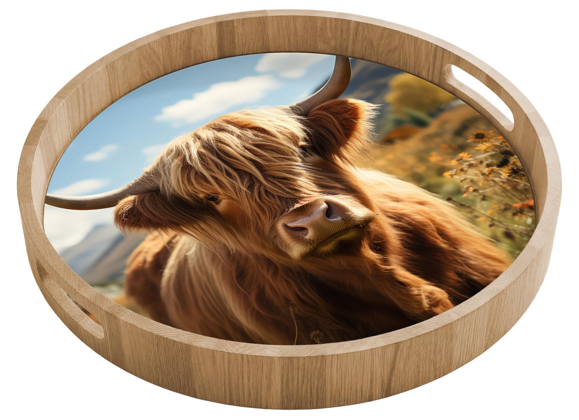 TABLETT Schottische Highlander - Blumen - Hörner - Wolken 40x40 cm - Braun, Holz (40/5/5cm) - OnlyWow