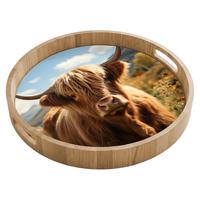 TABLETT Schottische Highlander - Blumen - Hörner - Wolken 40x40 cm - Braun, Holz (40/5/5cm) - OnlyWow