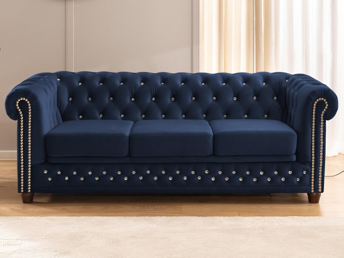 CHESTERFIELD-SOFA 3-Sitzer mit Schlaffunktion Cleo Blink Marineblau Samt mit Kristallsteppung und braunen Massivholzfüßen - Blau/Braun, Holz/Textil (203/72/86cm) - S-Style