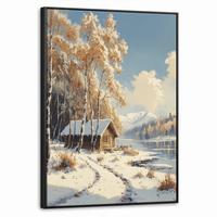 LEINWAND Bilder mit Rahmen - Winter - Schnee - Zuhause - Natur - 70x100 - Hellbraun, Textil (70/100cm) - MuchoWow
