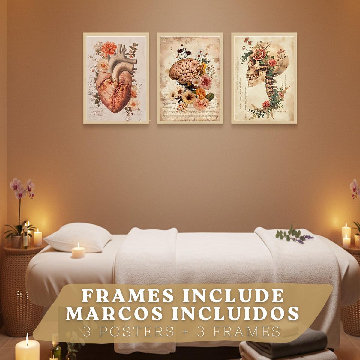 POSTER Set aus 3 Anatomie Mensch Drucke und Wandbilder mit Herz Gehirn und Schädel Vintage Floraler Stil Wanddekoration Größe Leichter Holzrahmen A3 - Beige, Papier (29.7/42/3cm) - Nacnic