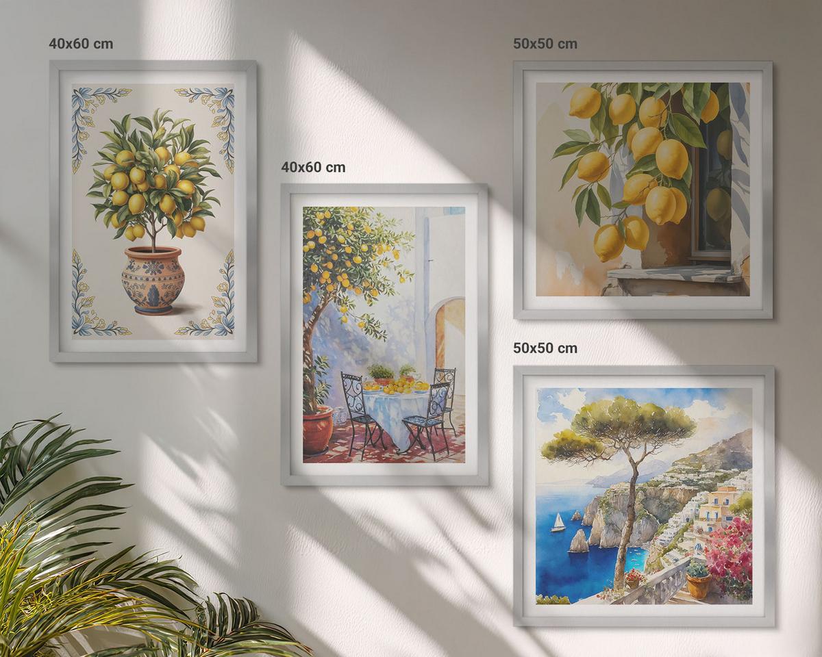 BILDER SET 4er Set - 50x50 cm & 40x60 cm Silberner Rahmen - Zitronenbäume in der Sonne - Silberfarben, Kunststoff (50/50cm) - TULUP
