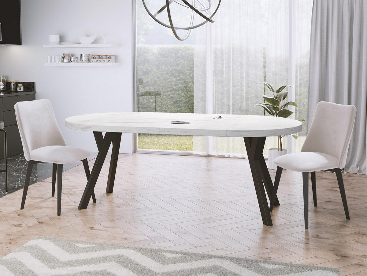 ESSTISCH Twixy runder ausziehbarer, Marmor Weiß 90-170/90/76 cm - Ecru/Schwarz, Holz/Holzwerkstoff (90/170/76cm) - WFL GROUP
