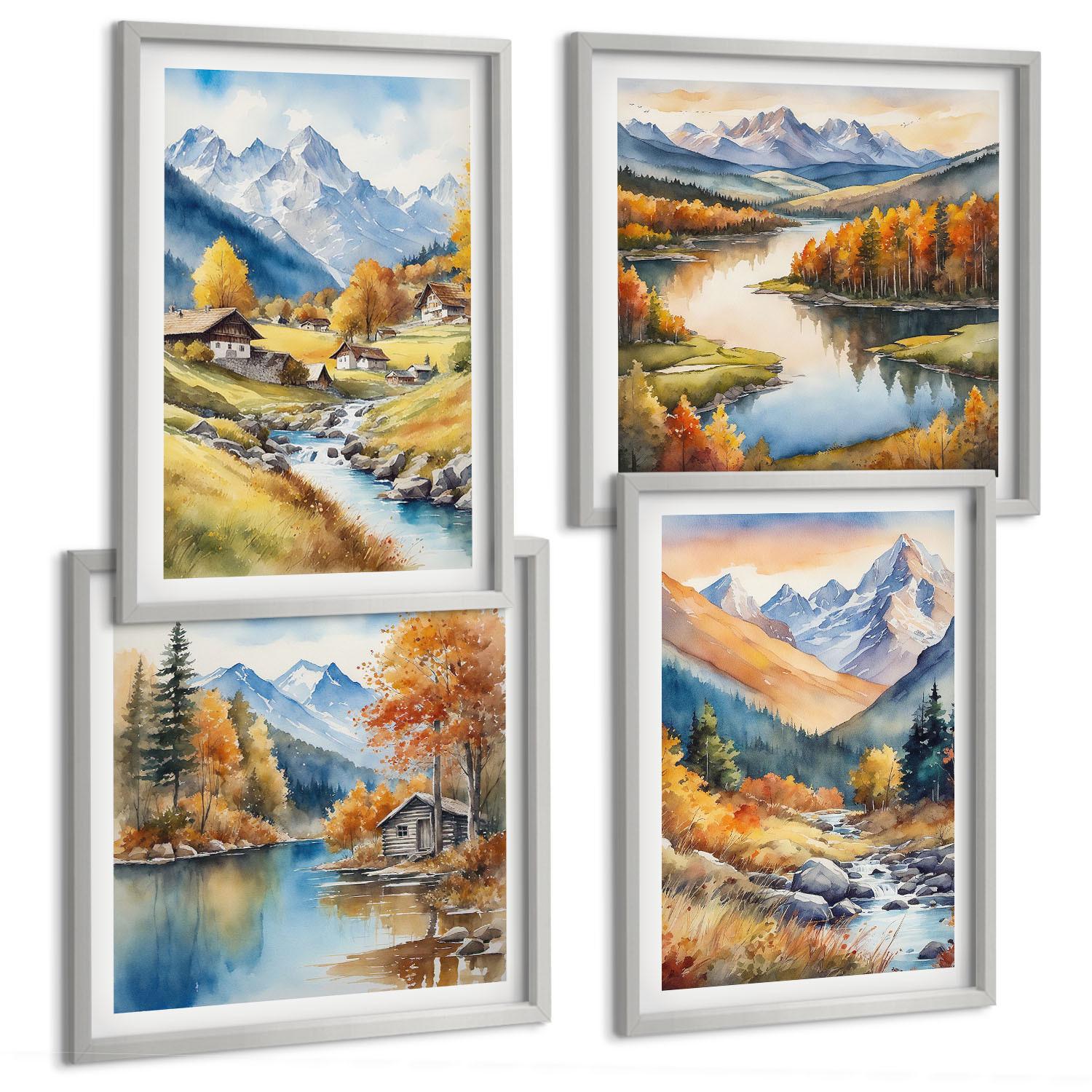 BILDER SET 4er Set - 50x50 cm & 40x60 cm Silberner Rahmen - Herbstliche Naturlandschaften - Silberfarben, Kunststoff (50/50cm) - TULUP