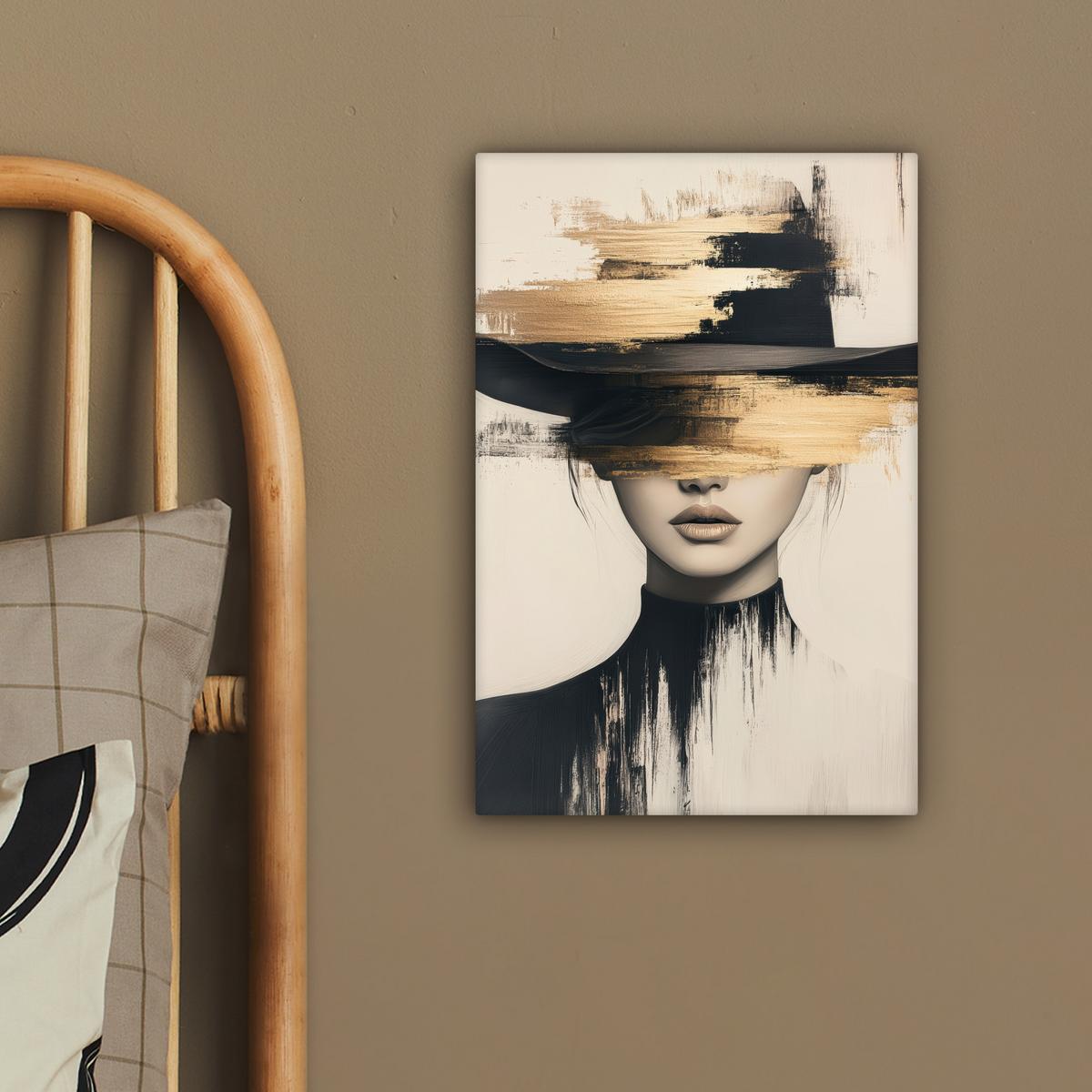 LEINWANDBILD Frau - Hut - Farbe Deko Wohnzimmer 20x30 cm - Goldfarben, Textil (20/30cm) - MuchoWow
