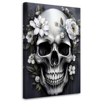 WANDBILD totenkopf mit weißen blumen - Grau, Textil (40/60cm) - Feeby